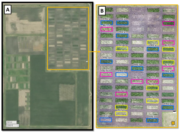 Figure 2. (taken from Johnson et al., 2024) Schematic of plot-scale studies of the long-term impacts of crop rotation, cover crops, and soil tillage on soil health and agronomic productivity.